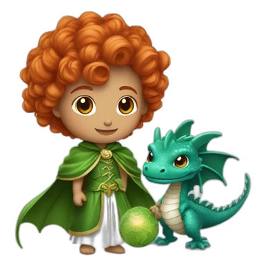 magicienne rousse avec une cape verte portant un bébé dragon blanc sticker