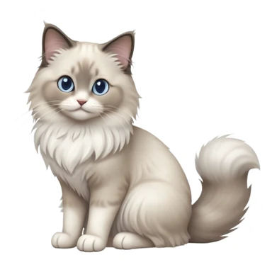 cinematic-[Ragdoll cat]-realistic-full-body-sitting-emoji,-tail-curled-playfully-around-its-paws,-head-tilted-dramatically,-fluffy-[grey ragdoll cat]-fur,-simplified-yet-realistic-focused-features,-highly-detailed,-glowing-with-an-almost-sarcastic-glow sticker