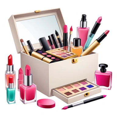 an opened box with various beauty items spilling out, including makeup, skincare, and perfume sticker