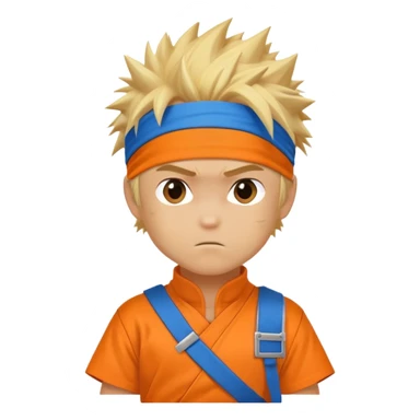 A blonde ninja boy with spiky hair, whisker marks on cheeks, orange outfit, and blue headband with metal plate sticker