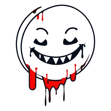 Evil smiley face with sharp teeth and blood dripping down, horror themed sticker