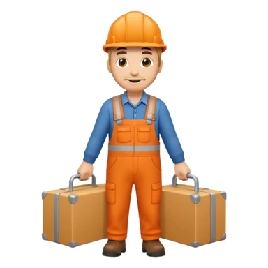 emoji style railway engineer full body in orange overalls, carrying a box in front of them sticker