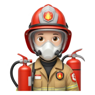 Firefighter with white respiratory protection white color helmet with fire extinguisher sticker