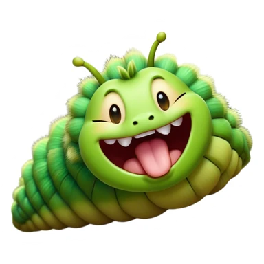 Cinematic Realistic Cute Yawning Caterpillar Portrait Emoji, Head tilted slightly with a dramatic, wide-open yawn, showcasing a soft, downy segmented body in vivid green with subtle drooping and half-closed, drowsy eyes, rendered with intricate natural texture and gentle shadows, high shine, relaxed yet expressive, styled with a dash of woodland charm, soft glowing outline, capturing the essence of a sleepy yet affectionate caterpillar that appears ready to stretch out and rest among the leaves! sticker