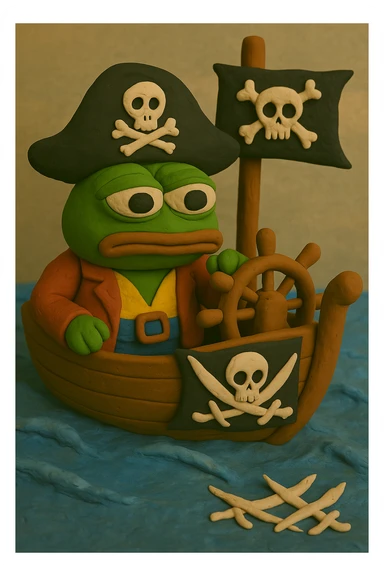 Ensure the exact skull and crossbones is clearly visible on both the pirate flag and the pirate hat in the claymation style image of Pepe the Frog as a pirate on a ship in the ocean. sticker