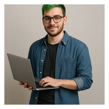 male software developer with green hair, holding a laptop, casual outfit sticker