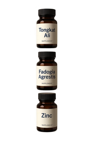 4 boccette di integratore: Tongkat Ali, Fadogia Agrestis, Boron e Zinco fluttuano in aria verticalmente sticker