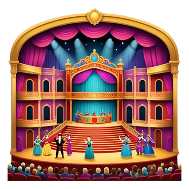 An icon showing a grand theater stage with actors performing in a vibrant play, surrounded by dramatic lighting. The audience watches from colorful balconies, adding to the lively atmosphere. The design captures the magic of live theater, set against a transparent background. sticker