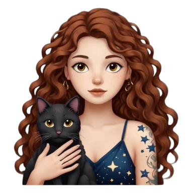 woman with long curly brown hair, brown eyes, white skin, tattoos, black cat made of star constellations beside her sticker