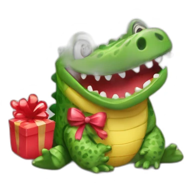 a happy crocodiles with hearts holding a present sticker