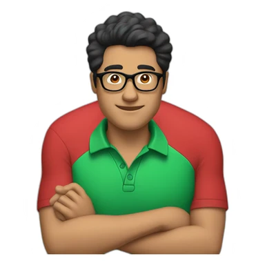 Man with black hair and glasses wearing red shirt with green polo collar no straps sticker