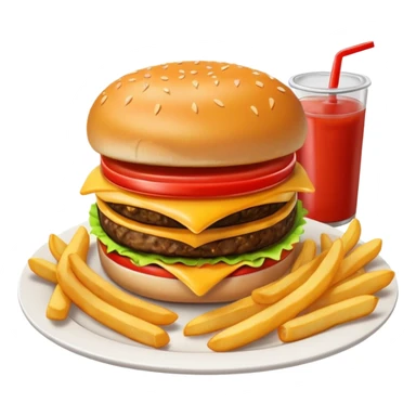 i want a Cheeseburger and Fries with a angle to 15–20° gentle bird’s-eye angle with Sause on white plate  sticker