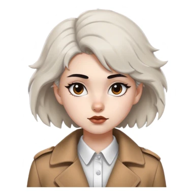 A girl with a wolf haircut, white skin, black eyes, a mole next to her left eyebrow, wearing a white shirt with a brown coat. sticker