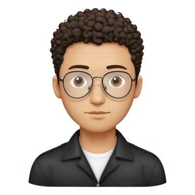 Man with small face and prominent forehead, teardrop-shaped aviator glasses, totally shaved sides with very minimal dark curly hair only on top, light brown complexion, gentle expression, black button-up shirt sticker
