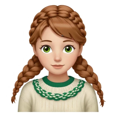 light brown hair hazel/green eyes woman with a white cable knit sweater and one braid down her back  with tendrils of hair flowing down her face and she is happy pale, some freckles, blush. she has a cateye wing and long lashes sticker
