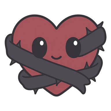 kawaii heart emoji wrapped in black silk ribbon with thorns piercing slightly through, no text, quiet possession, subdued and symbolic, cold romantic tone, muted color palette of gray and deep red, suitable for discord icon size sticker