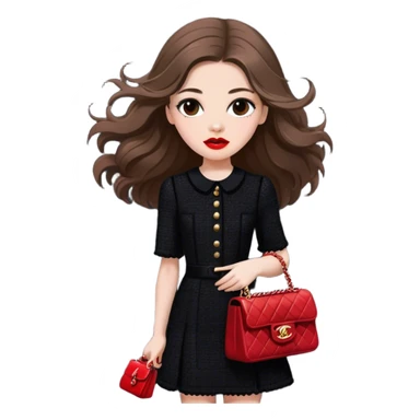 White girl with brown long hair dressed up in black chanel tweed dress with a red chanel bag and red lipstick. Close up with wind blowing her hair looking fancy sticker