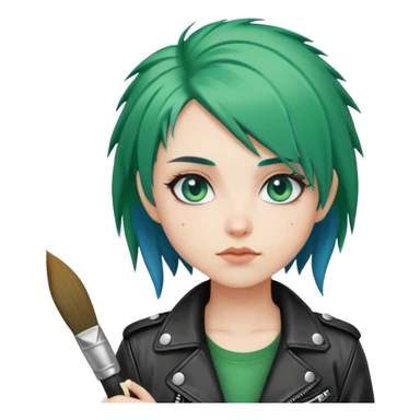 Punk-girl with green hair and blue eyes in leather jacket with brush  sticker