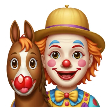 a crying but smiling and showing a peace sign clown face riding a horse, make it native to apple emoji style, the horse and the clown both emoji should match apple's style. sticker