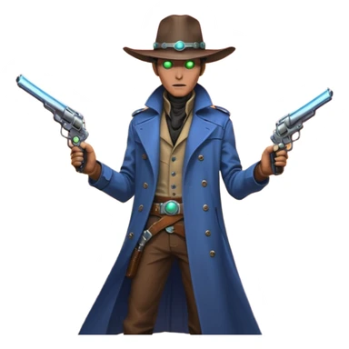 A tall alien cowboy standing in a dusty desert on an alien planet, wearing a futuristic cowboy hat and long trench coat, glowing eyes, twin plasma revolvers on his belt, dramatic sunset, cinematic lighting, ultra realistic, high detail, epic sci-fi western atmosphere

 sticker