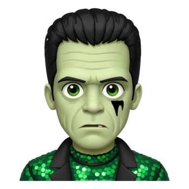 Frankenstein with black hair, dark green sequin outfit sticker
