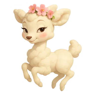 elegant feminine vanilla cloud doe with rosy cheeks and cherry flowers on its head, floating gracefully, Pixar art style, confident charming subtly alluring tasteful family-friendly social media brand mascot sticker