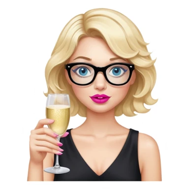 Blonde woman with short wavy hair, blue eyes and pink lips wearing black glasses looking very drunk holding a champagne glass  sticker