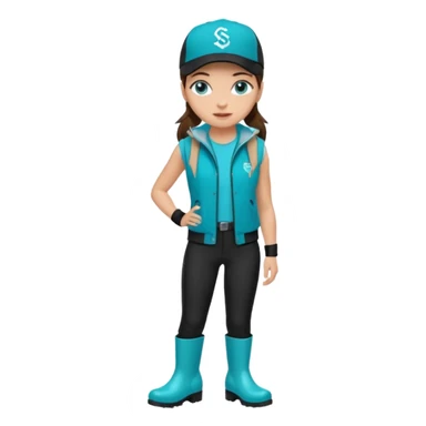 A landscaper in a beautiful turquoise jacket and turquoise rubber boots, black pants, and a black sleeveless shirt. On her head is a black color Swissotel baseball cap. The girl is a brunette with blue eyes. sticker