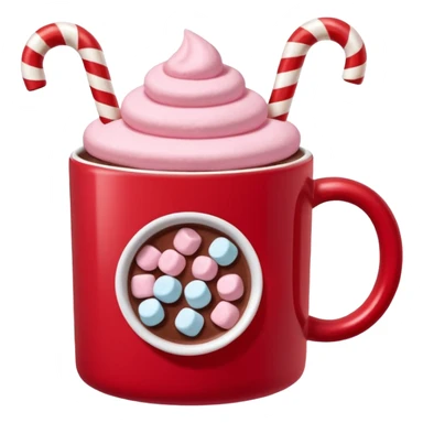 hot chocolete with pastel pink marshmallows in red christmas mug with stars and candy cane, trendy aesthetic sticker