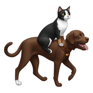 Black and white cat riding chocolate labrador sticker