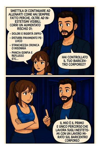 TRASFORMA QUESTO CAROSELLO IN UN FUMETTO STILE MANGA A COLORI CON QUESTE DUE PERSONE IDENTICHE CHE INTERLOQUISCONO TRA LORO:

LUI (UOMO): Smettila di continuare ad allenarti come hai sempre fatto perché, oltre ad inestetismi visibili, corri un aumentato rischio di:
    • dolori e rigidità diffuse
    • disturbi pavimento pelvico
    • stanchezza cronica o insonnia
    • pancia gonfia e reflusso (bruciore)
    • etc… sticker