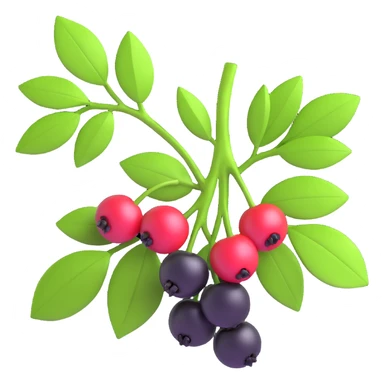 Redraw the cherry branch with black berries and green leaves in a modern 3D iOS style. Add volume, expressive light and shadow, and a clean background. sticker