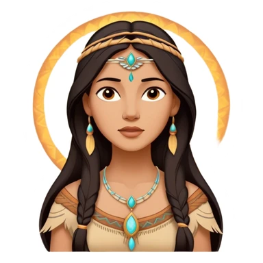 Cinematic Radiant Pocahontas Portrait Emoji, rendered in a vector-style with clean lines. Show Pocahontas with luminous, sun-kissed skin and flowing dark hair adorned with subtle natural ornaments, her expression calm and kind, dressed in simple traditional attire with earthy tones. The image glows softly with a warm, inviting radiance, enhanced by a soft glowing outline. sticker