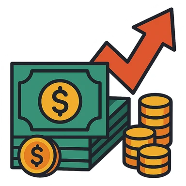 investment concept with upward arrow and money, with a different background sticker