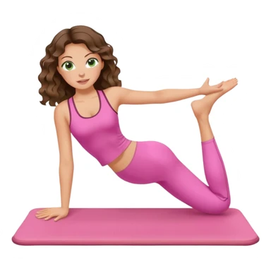White, green-eyed, brunette cute feminine lady emoji with wavy hair doing pilates wearing pink pilates fit sticker