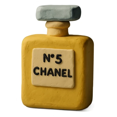 Chanel perfume bottle in a claymation style, soft matte texture, playful details sticker