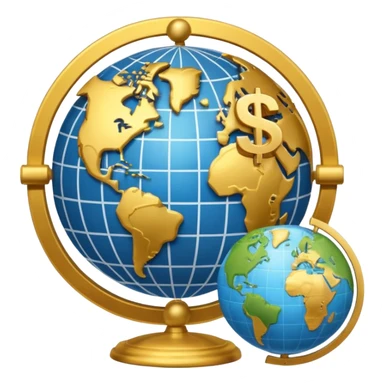 An icon featuring  a dollar sign, and a chart with upward trends, symbolizing economics. The design includes coins, bills, and a globe, representing global trade and financial systems. Transparent background highlights the study of markets, supply, and demand. sticker