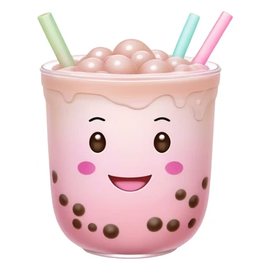 Cute Kawaii Boba Tea Cup, with a happy smiling face, chubby round shape, pastel pink and brown colors, soft glowing highlights, adorable tapioca pearls floating inside, sparkling eyes full of joy! sticker