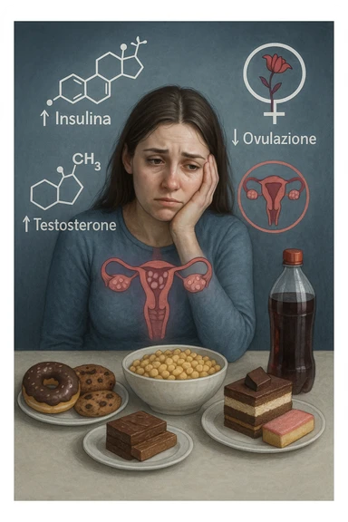 Donna tra i 25 e i 35 anni con espressione affaticata e delusa, seduta a tavola. Davanti a lei cibi ad alto indice glicemico: dolci industriali, cereali raffinati, bibite zuccherate. In trasparenza sopra il suo corpo si vedono ovaie con cisti multiple (PCOS) e un simbolo stilizzato di fertilità (utero con fiore appassito o cerchio spezzato). Attorno a lei fluttuano molecole simboliche come '↑ Insulina', '↑ Testosterone', '↓ Ovulazione'. Atmosfera triste ma educativa. Colori freddi con accenti in rosso e viola. Stile realistico con elementi visivi simbolici chiari in italiano sticker