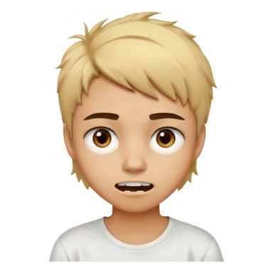 caramel skin color. Teen age. Short buzz, messy blonde hair, dark brown bushy eyebrows large expressive golden-brown eyes, brown skin color, scar over nose, wearing a plain white t-shirt. Mouth expression showing teeth sticker
