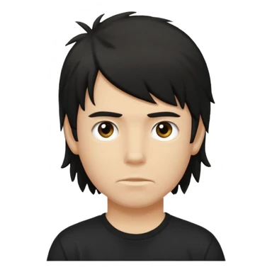 a light tan boy with messy a black mullet. wearing a black tshirt sticker