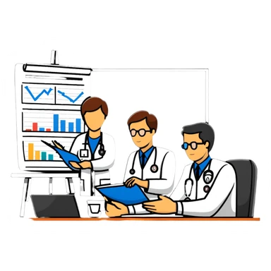 Emergency medical team in a committee meeting with charts and funding documents sticker
