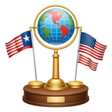 An icon featuring a podium with a speaker, national flags, and voting ballots, symbolizing political science. The design includes a globe and scales of justice in the background, representing governance, global affairs, and political theory. Transparent background emphasizes civic engagement sticker
