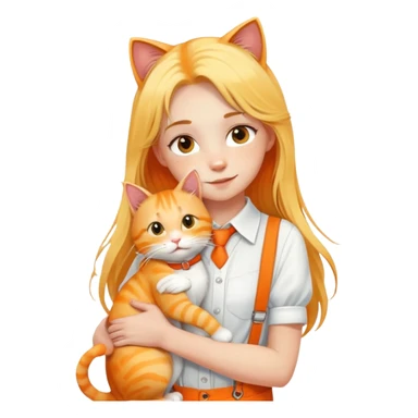 Caucasian girl - long yellow hair - white suspenders - hugging - a orange cat sticker