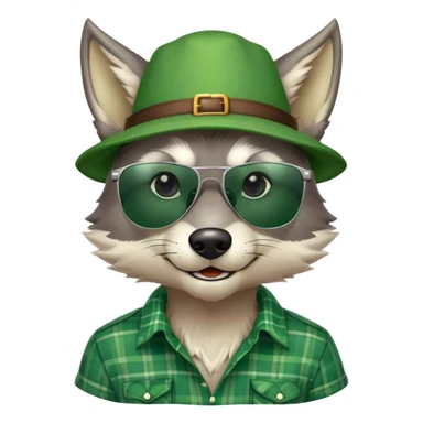 head and shoulders friendly anthropomorphised wolf in green plaid shirt and green attire for St. Patrick's Day, wearing dark sunglasses, upright pose sticker