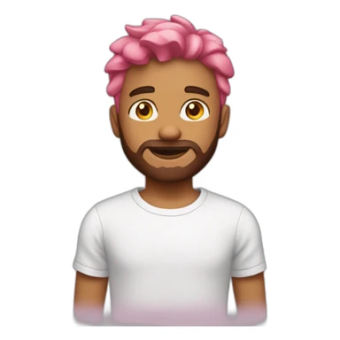 A pink haired boy with a brown beard and a white t-shirt sticker