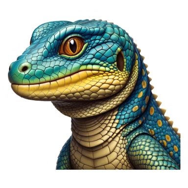 Cinematic Noble Monitor Lizard Portrait Emoji, Poised and regal, with a robust, scaled body exhibiting striking, mottled patterns and piercing, alert eyes, Simplified yet sharp and sophisticated features, highly detailed, glowing with a soft, earthy glow, high shine, intelligent and formidable, stylized with an air of ancient wilderness, focused and commanding, soft glowing outline, capturing the essence of a watchful and confident reptilian guardian that appears ready to stride out of the screen with effortless authority! sticker