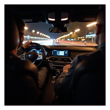 BMW Series 7 2024, inside view from driver’s seat at night, one hand on wheel, motion blur, Bucharest city lights outside, photorealistic sticker