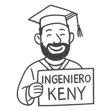 graduado universitario sonriente con barba, sosteniendo un cartel con la palabra INGENIERO KENY, estilo dibujo a mano, detalles divertidos, fondo blanco sticker