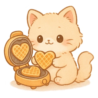cute chibi soft fluffy waffle maker cat, showing heart-shaped waffles, pastel orange, full-body sticker